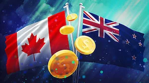 Canadian and New Zealand Flags with Gold Coins